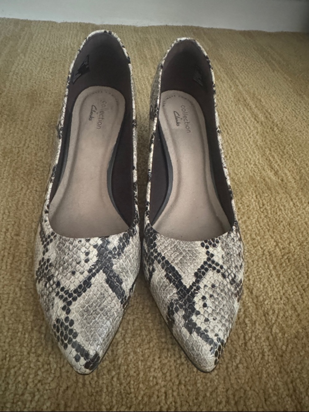 Clarks Collection Women's Snake-Print Pointed Kitten Heel in Beige and Black